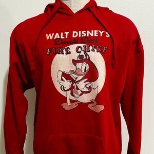 Disney Fire Chief Donald Duck Red Hooded Sweatshirt Sz L